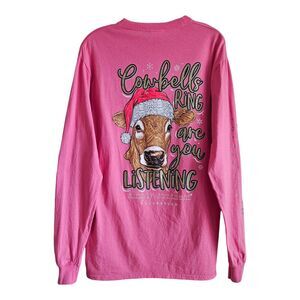 SIMPLY SOUTHERN Women M T-Shirt Top Pink Christmas Cowbells Ring Logo Cotton 38"